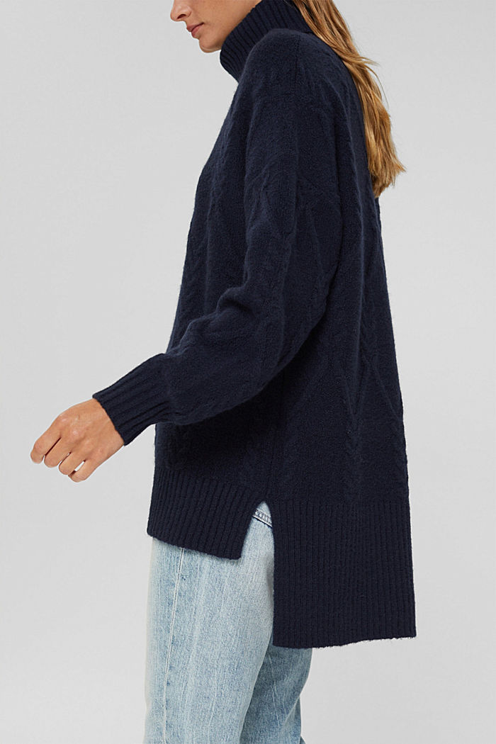 Wool blend: polo neck jumper in cable knit fabric, NAVY, detail image number 2