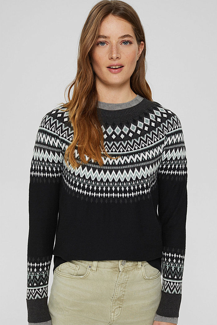 Sweter z norweskim wzorem z mieszanki materiałów z bawełną ekologiczną, BLACK, overview