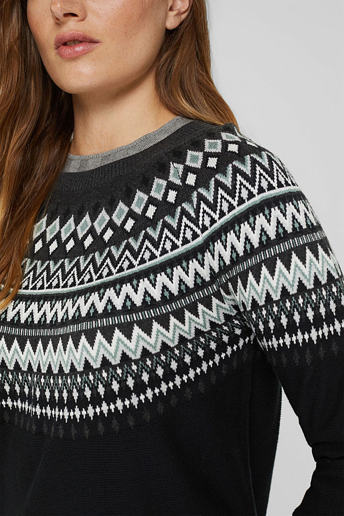 Sweter z norweskim wzorem z mieszanki materiałów z bawełną ekologiczną, BLACK, detail image number 2