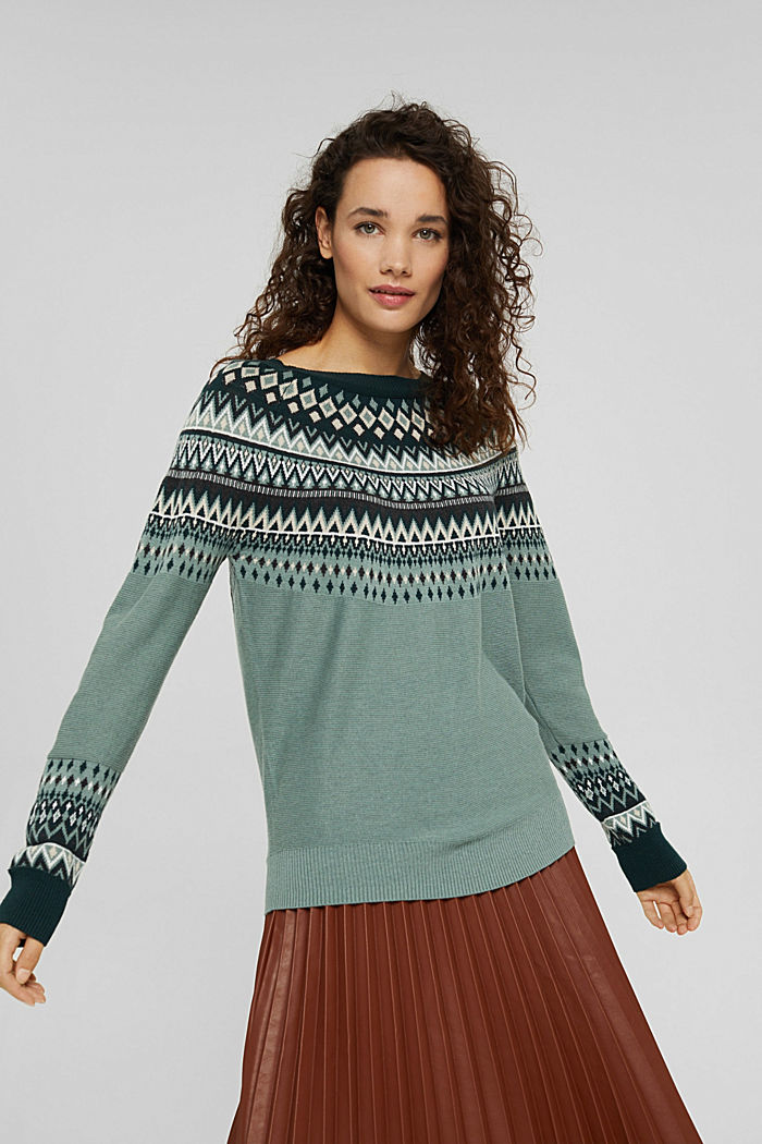 Fair Isle jumper made of blended organic cotton, DUSTY GREEN, detail image number 0