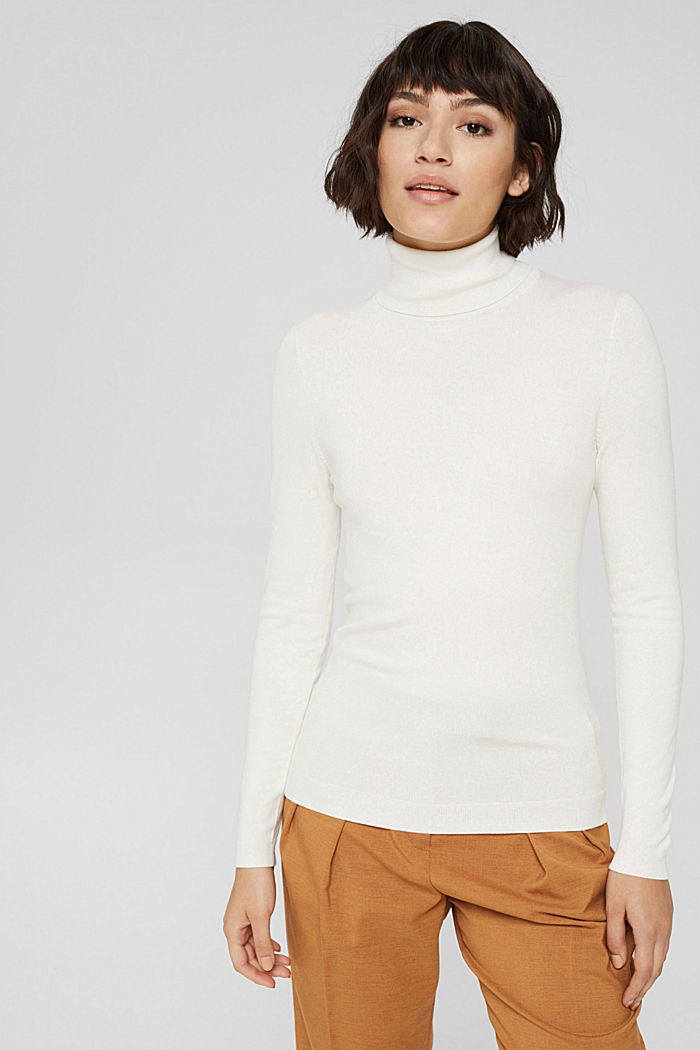 Polo neck jumper made of fine yarn, OFF WHITE, detail image number 0