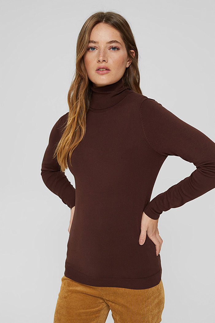 Polo neck jumper made of fine yarn, RUST BROWN, overview