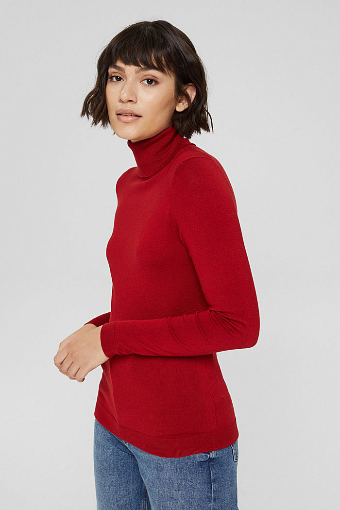Polo neck jumper made of fine yarn, DARK RED, detail image number 0