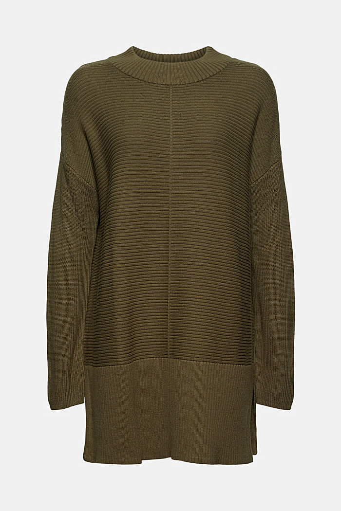 With cashmere: long jumper with slits, DARK KHAKI, overview