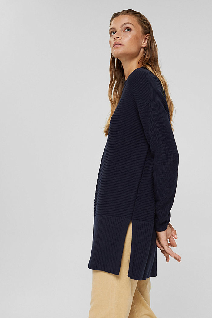 With cashmere: long jumper with slits, NAVY, overview