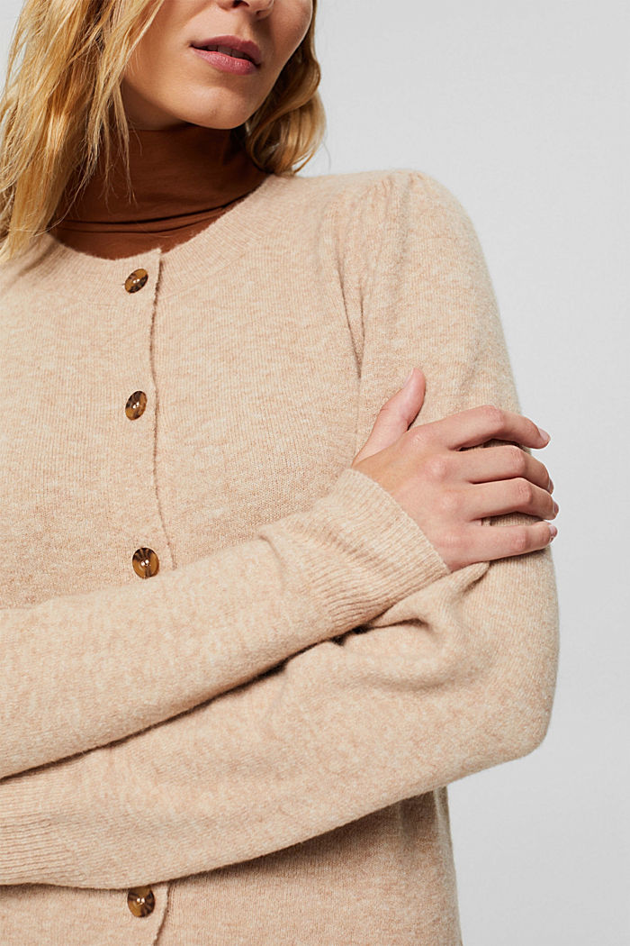 Wool blend: cardigan with gathered sleeves, SAND, detail image number 2