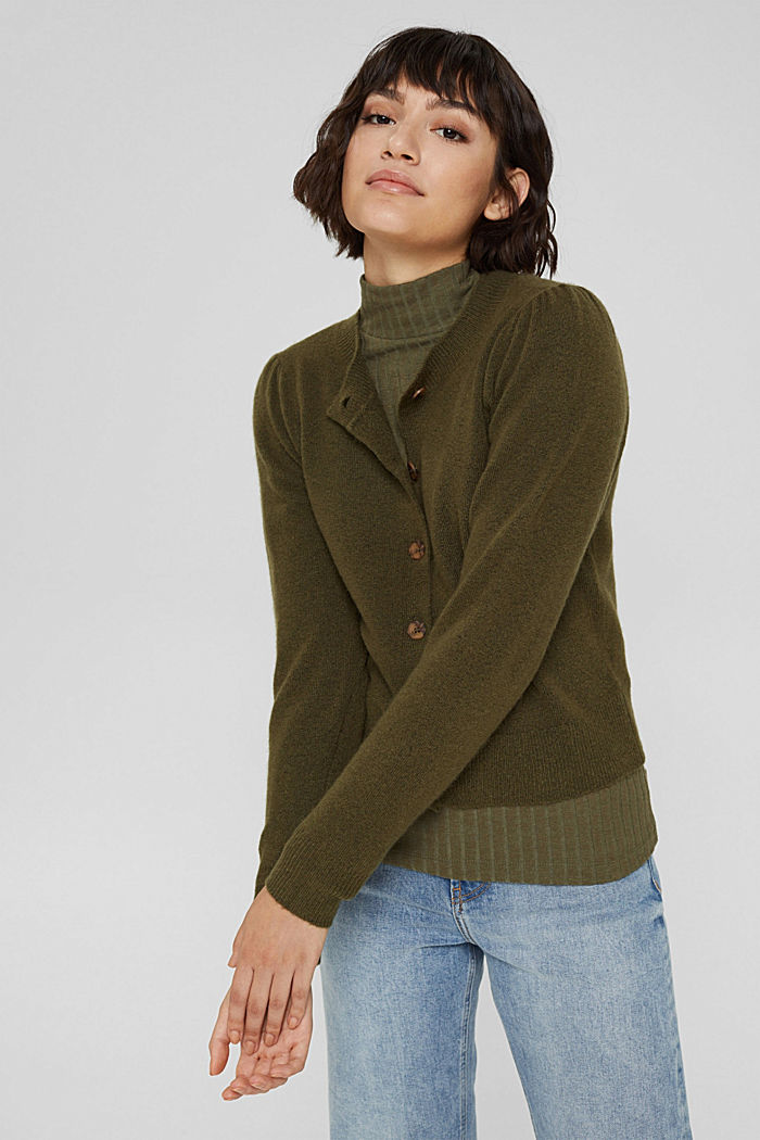Wool blend: cardigan with gathered sleeves, DARK KHAKI, overview