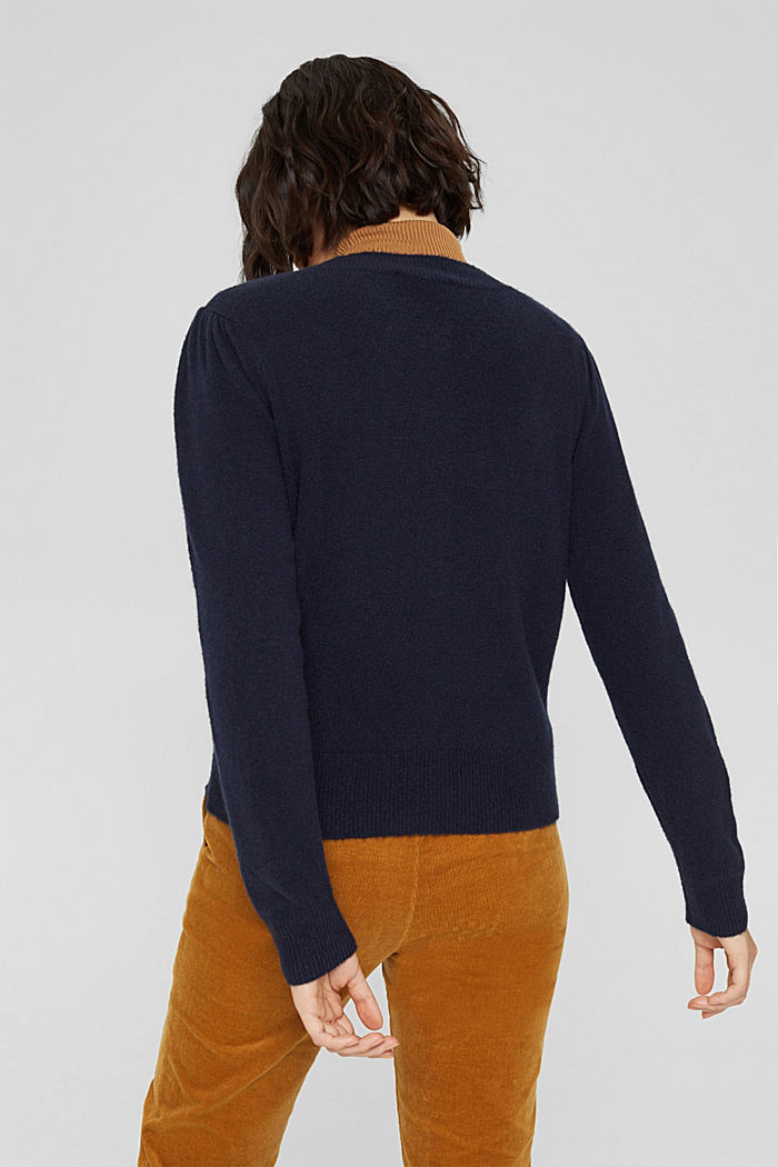Wool blend: cardigan with gathered sleeves, NAVY, detail image number 3