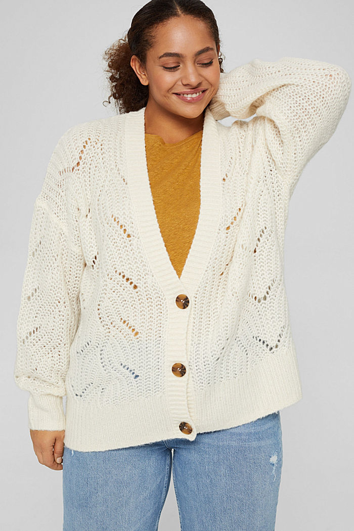CURVY pointelle cardigan with wool/alpaca, ICE, detail image number 0