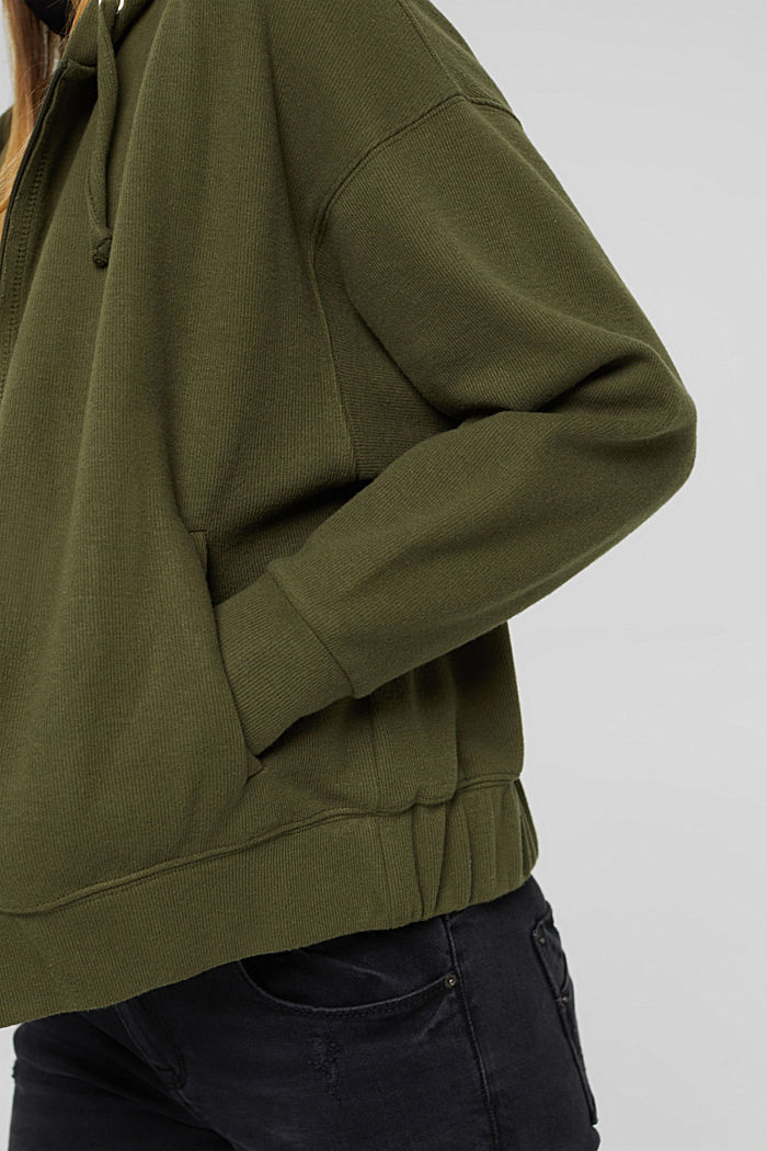 Brushed zip-up hoodie in blended organic cotton, DARK KHAKI, overview
