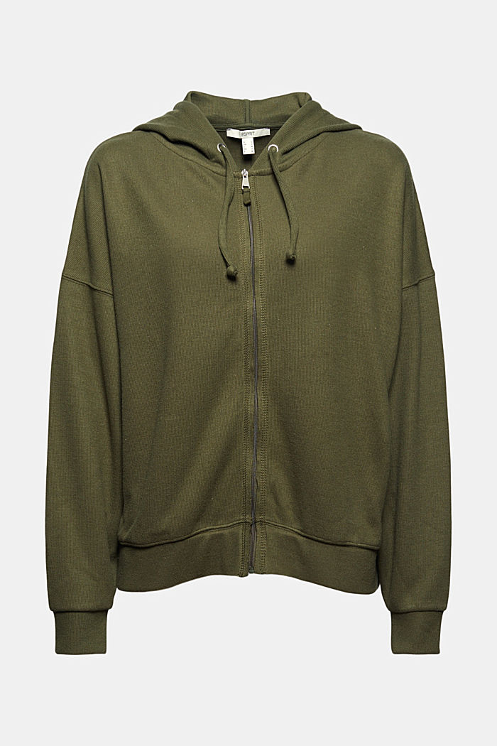 Brushed zip-up hoodie in blended organic cotton, DARK KHAKI, overview