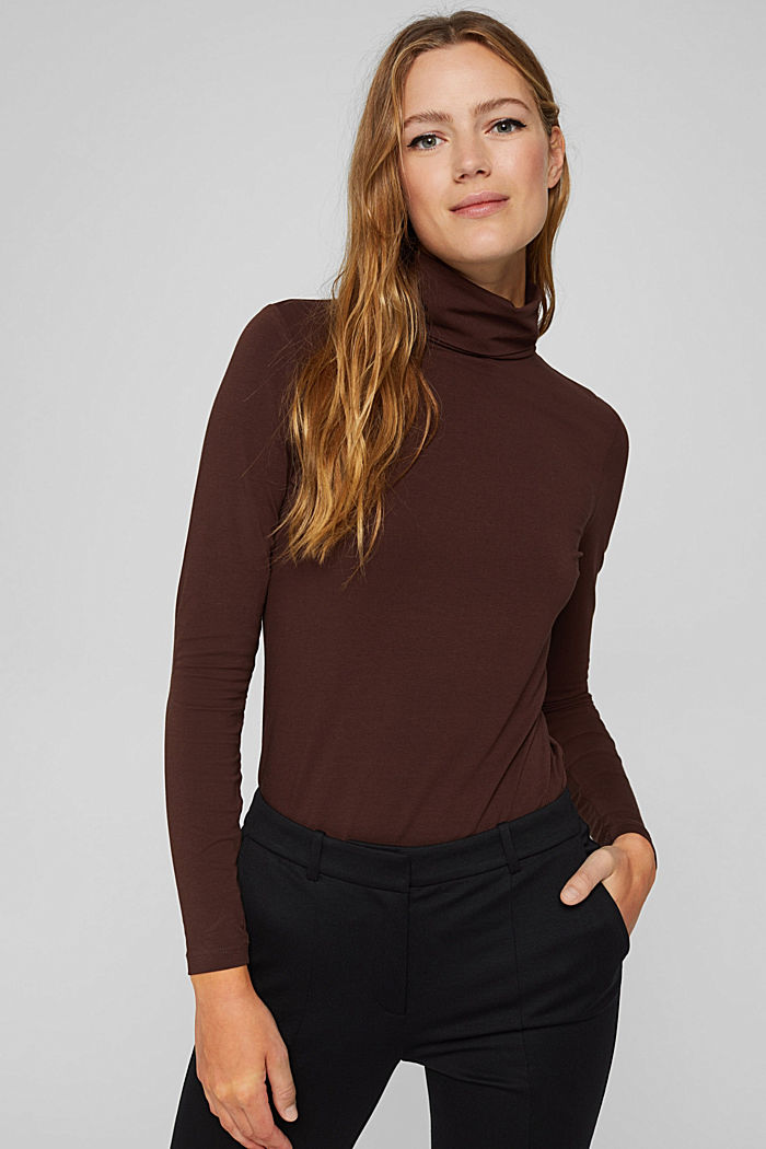 Long sleeve top with polo neck, organic cotton, RUST BROWN, detail image number 0