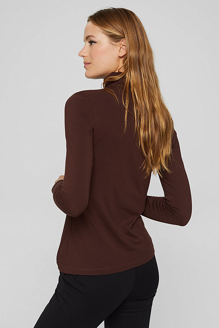 Long sleeve top with polo neck, organic cotton, RUST BROWN, detail image number 3