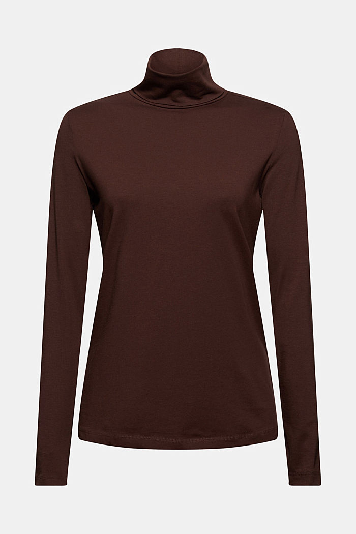 Long sleeve top with polo neck, organic cotton, RUST BROWN, overview