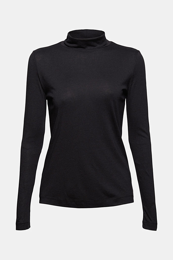 With TENCEL™: Long sleeve top with a stand-up collar, BLACK, overview