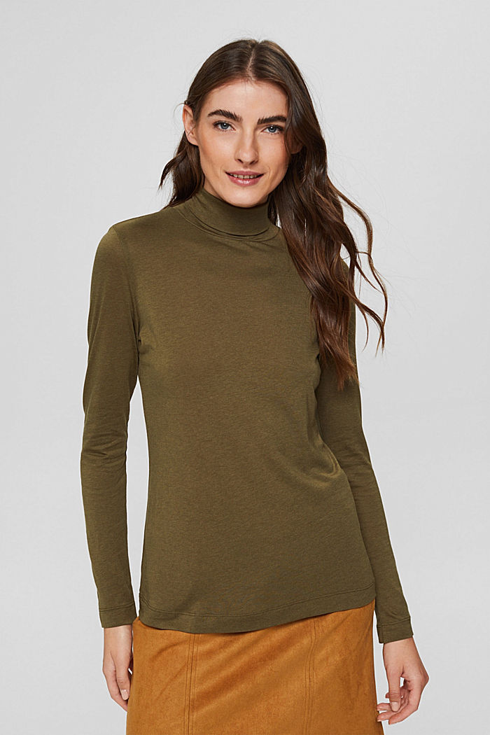 With TENCEL™: Long sleeve top with a stand-up collar, DARK KHAKI, detail image number 0