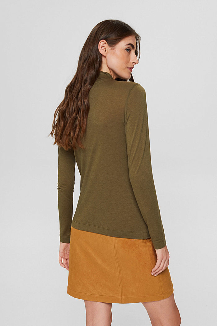 With TENCEL™: Long sleeve top with a stand-up collar, DARK KHAKI, detail image number 3