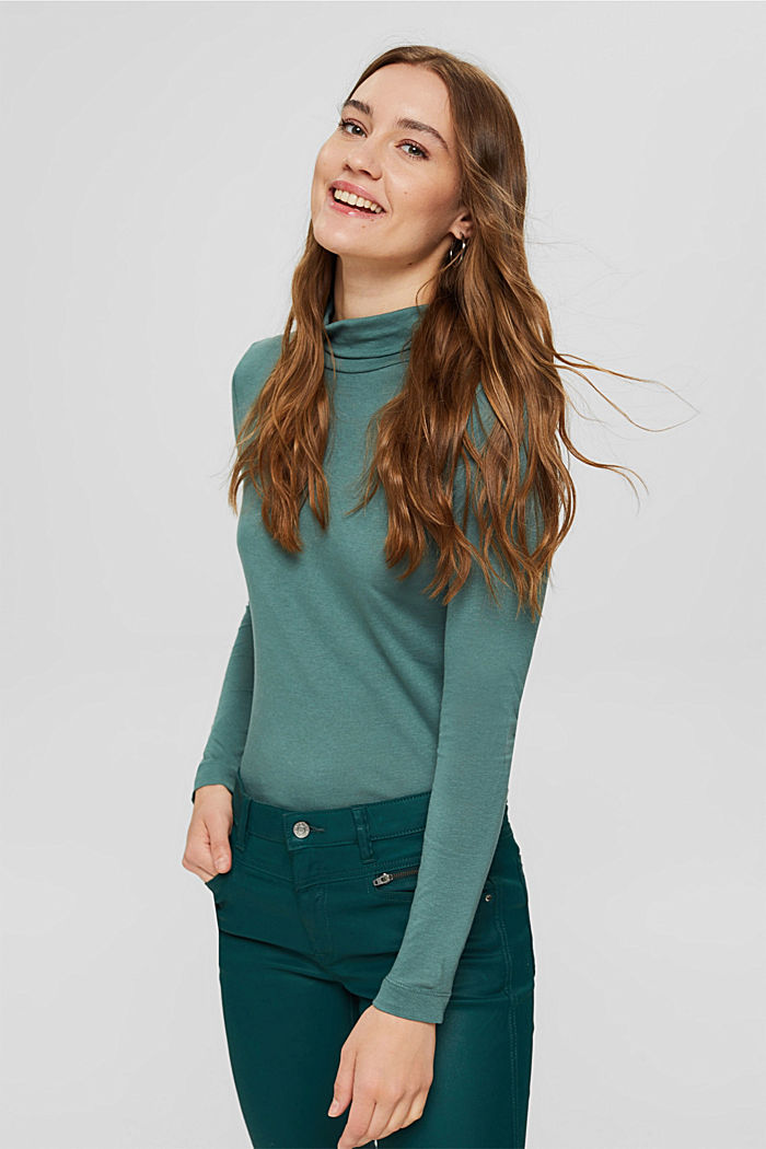With TENCEL™: Long sleeve top with a stand-up collar, TEAL BLUE, detail image number 5