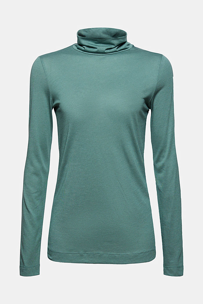 With TENCEL™: Long sleeve top with a stand-up collar, TEAL BLUE, overview