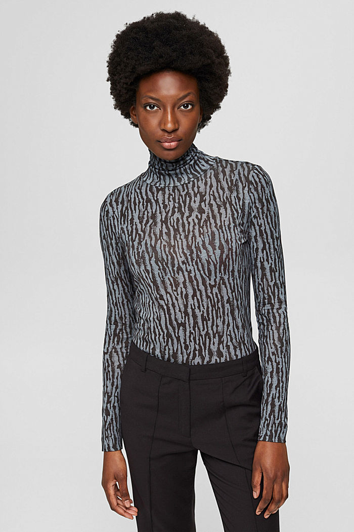 Made of TENCEL™: long sleeve polo neck top, GUNMETAL, detail image number 0