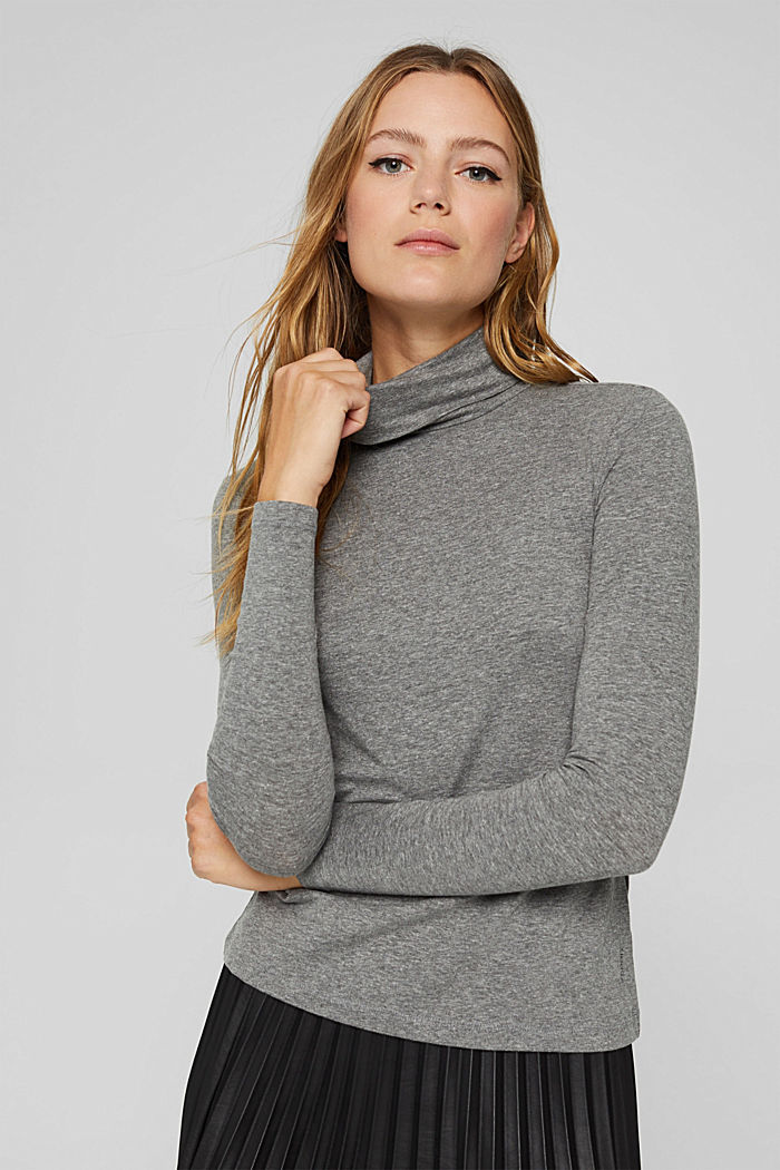 Long sleeve top with a polo neck, organic cotton blend, GUNMETAL, overview