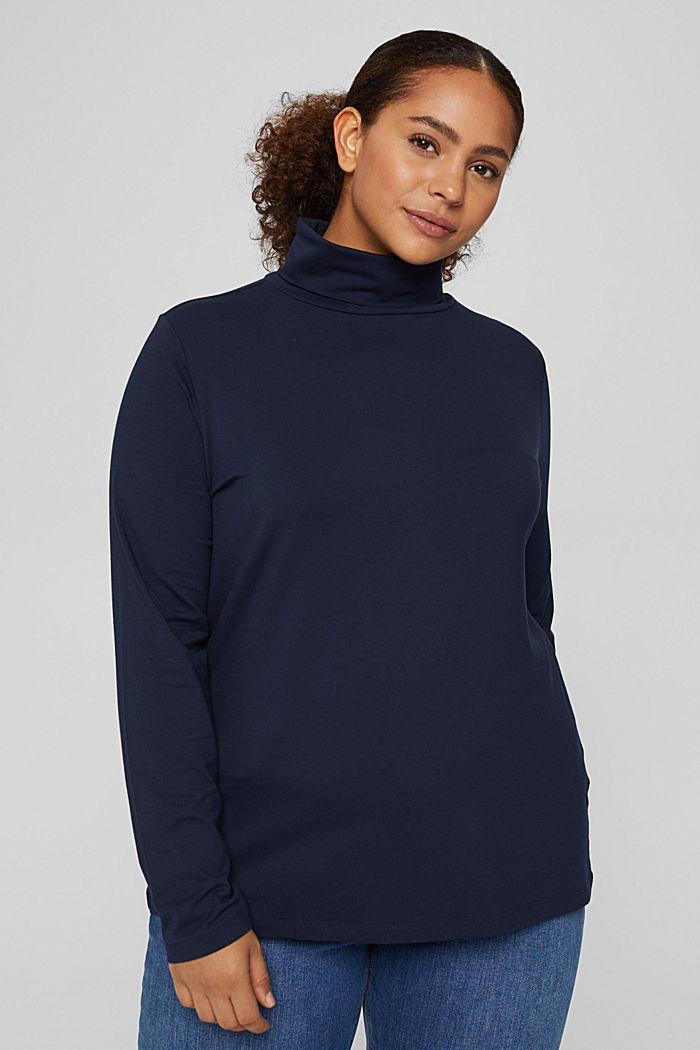 CURVY long sleeve polo neck top, organic cotton, NAVY, detail image number 0