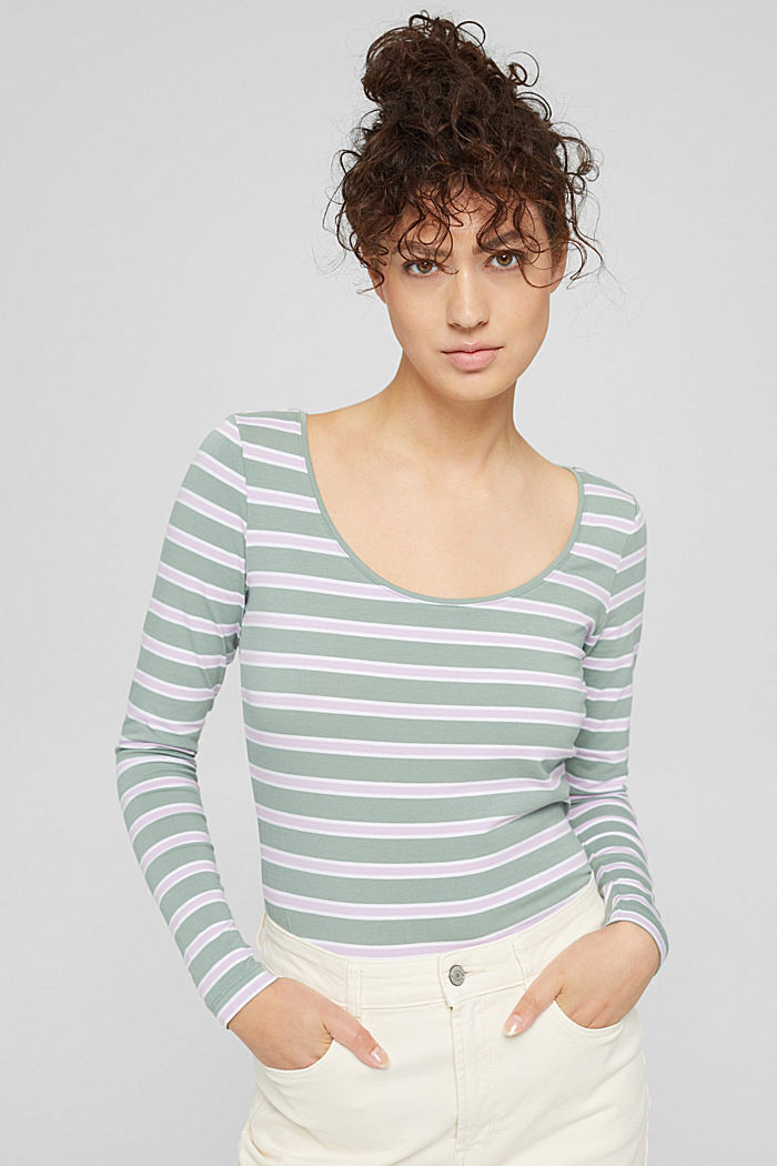Long sleeve top with stripes, organic cotton, DUSTY GREEN, overview
