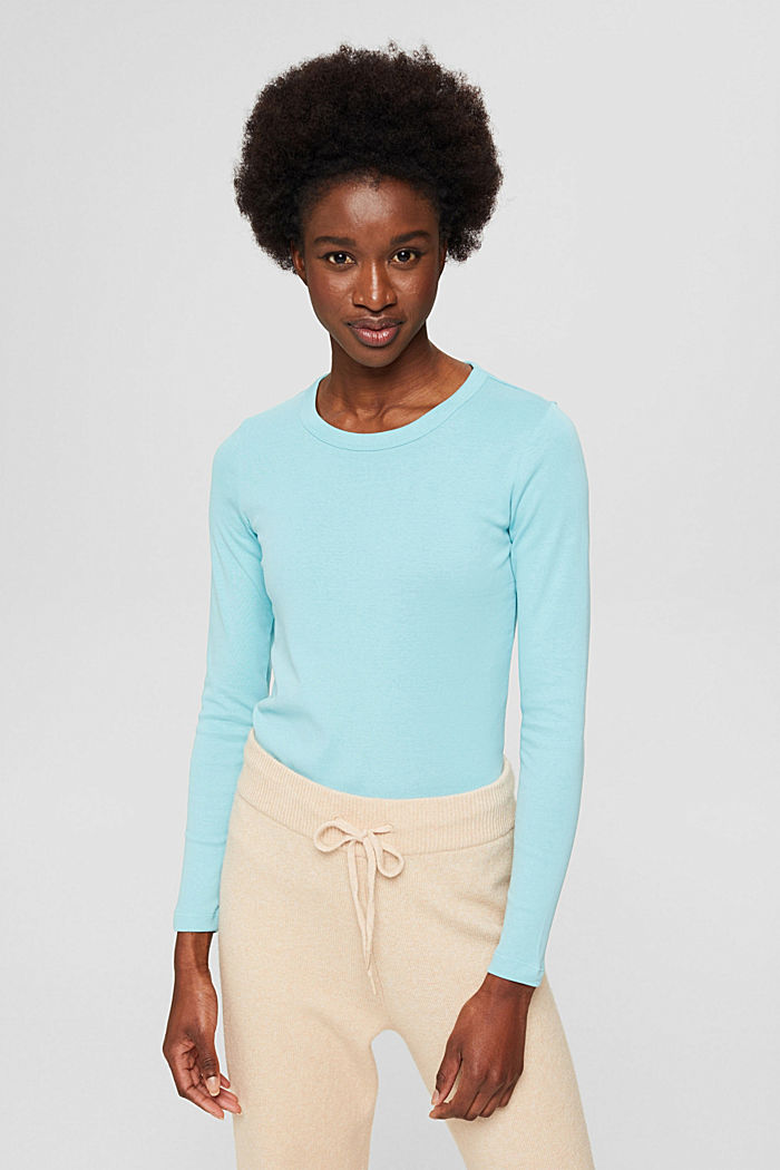 Basic long sleeve top in organic cotton, TURQUOISE, detail image number 0