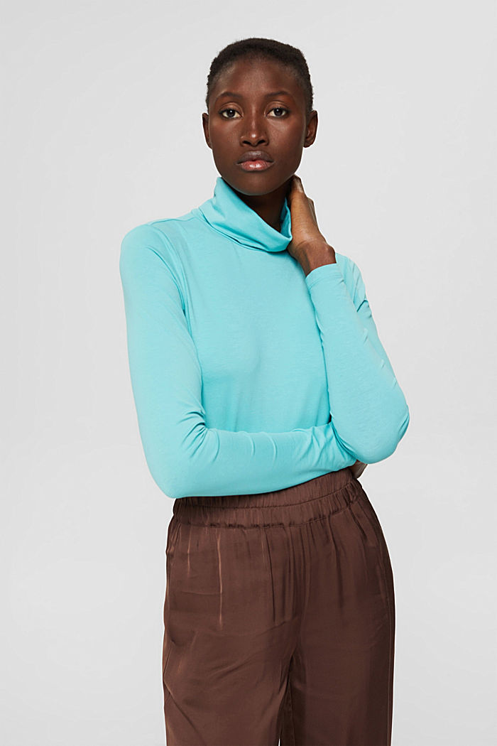 Long sleeve top with a polo neck made of organic cotton, TURQUOISE, detail image number 0