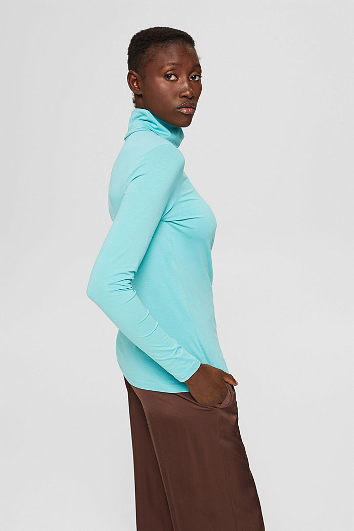 Long sleeve top with a polo neck made of organic cotton, TURQUOISE, detail image number 5