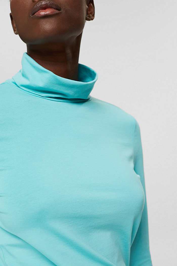 Long sleeve top with a polo neck made of organic cotton, TURQUOISE, detail image number 2