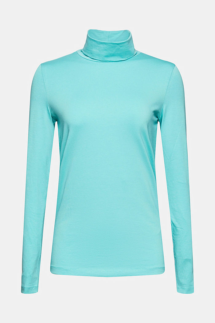 Long sleeve top with a polo neck made of organic cotton, TURQUOISE, overview