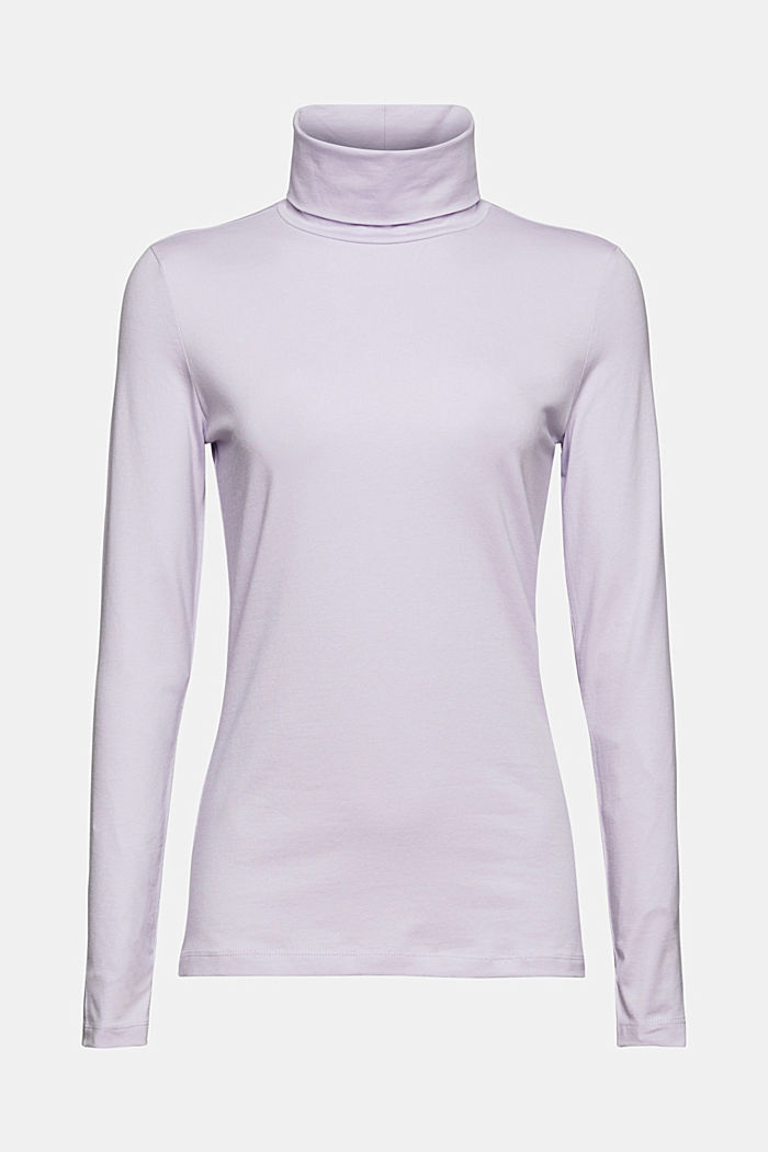 Long sleeve top with a polo neck made of organic cotton, LILAC, overview