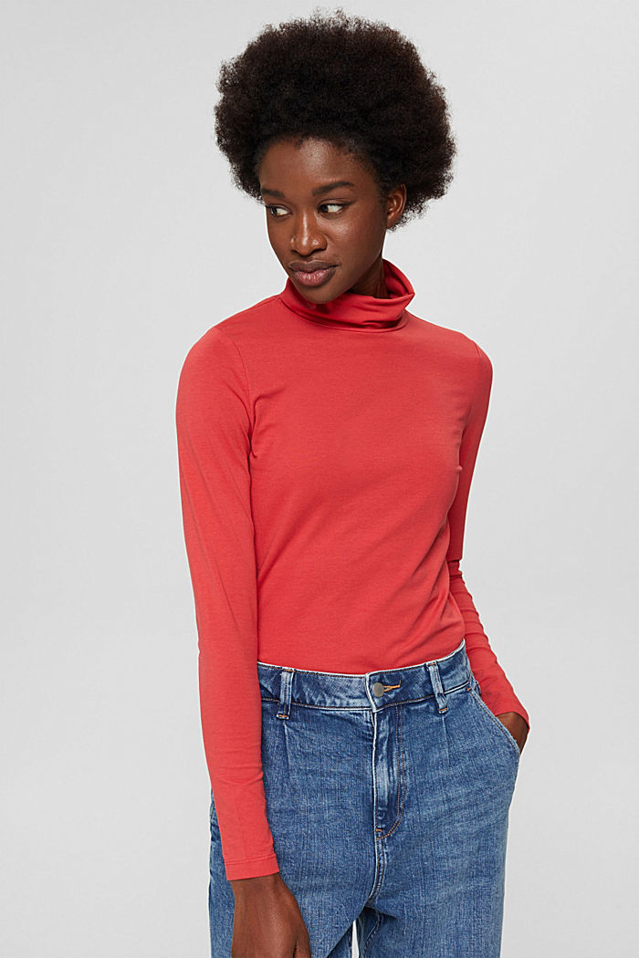Long sleeve top with a polo neck made of organic cotton, RED, detail image number 0