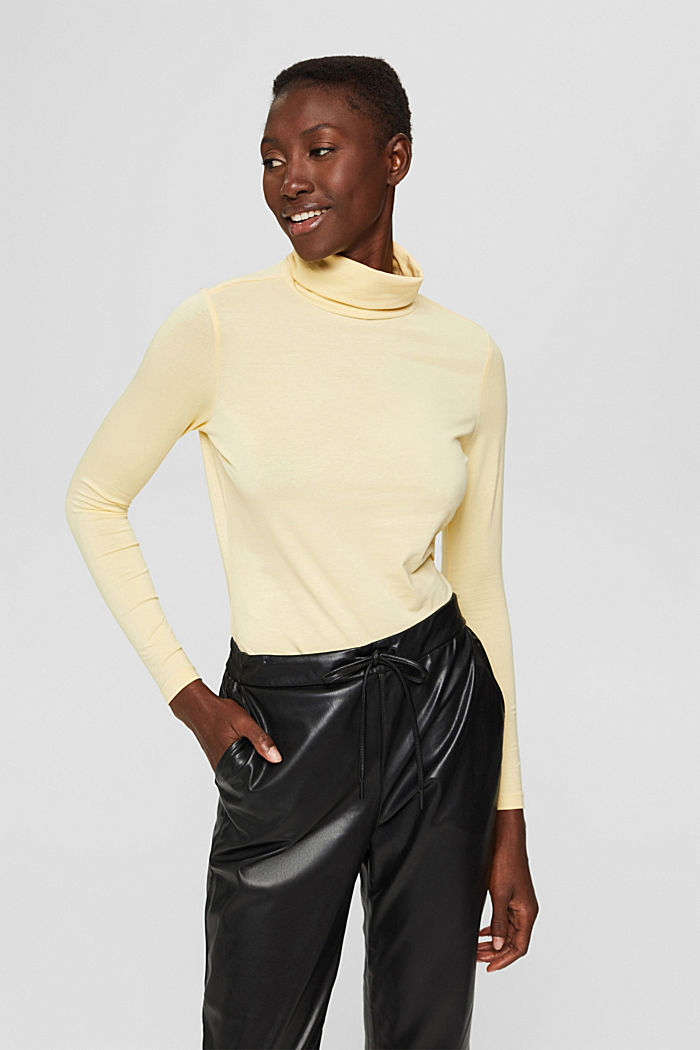 Long sleeve top with a polo neck made of organic cotton, PASTEL YELLOW, detail image number 0