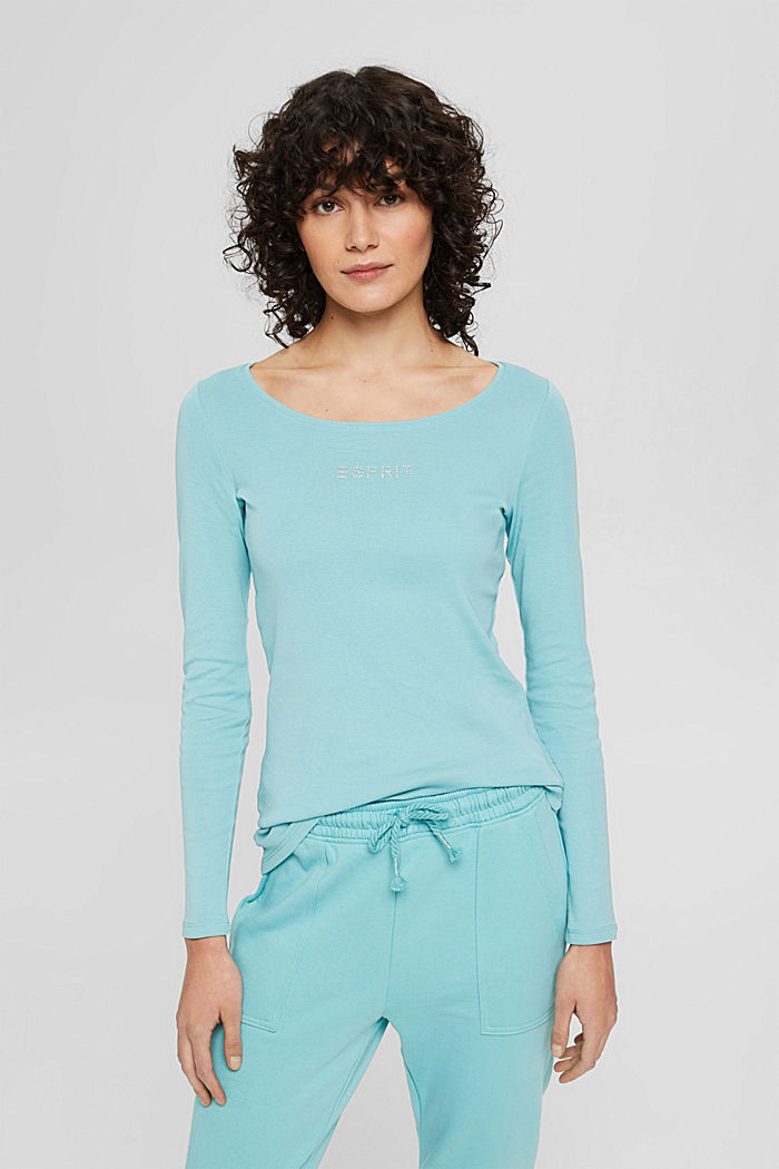 Long sleeve top with a glittery logo, organic cotton, TURQUOISE, detail image number 0