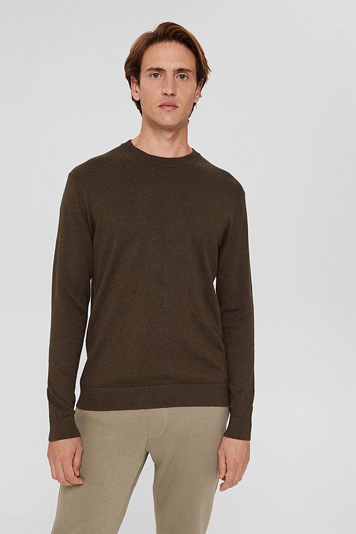 Cashmere blend: Knitted jumper with a round neckline, DARK KHAKI, detail image number 0