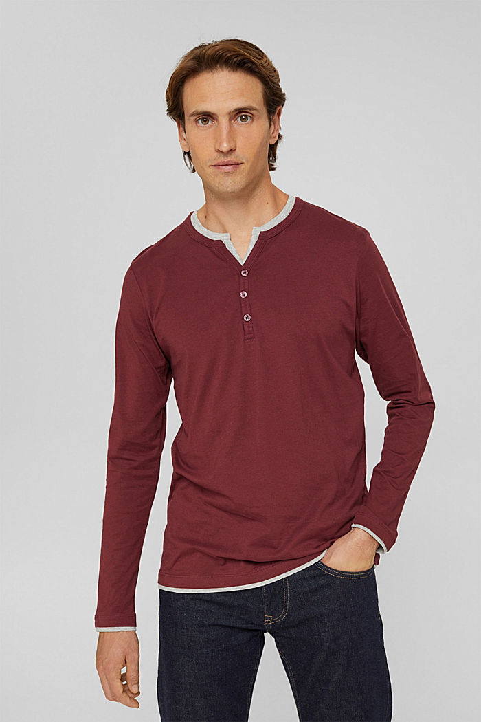 Long sleeve jersey T-shirt in a layered look, BORDEAUX RED, detail image number 0
