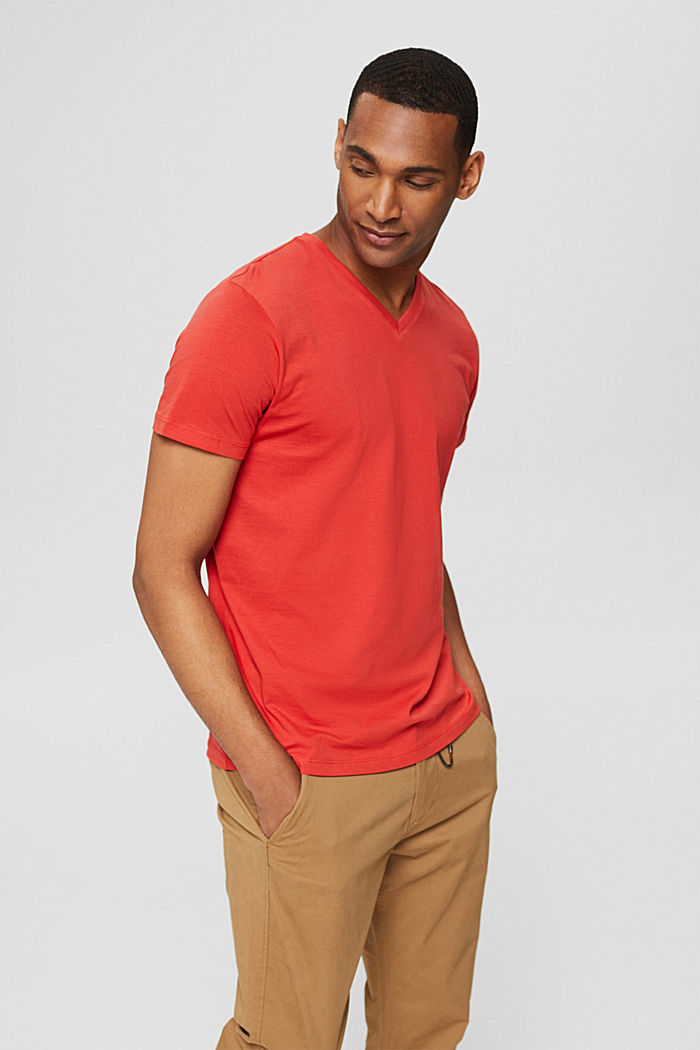 Jersey-T-Shirt mit V-Ausschnitt, RED ORANGE, detail image number 0