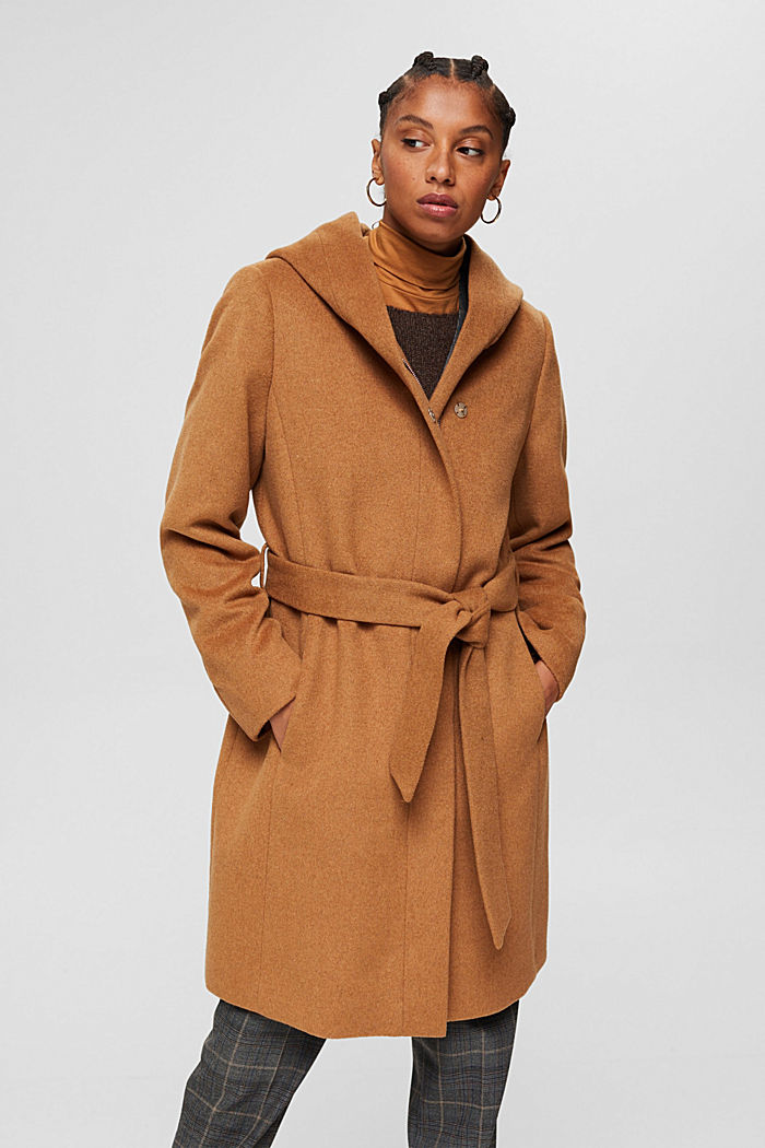 Reciclado: abrigo en mezcla de lana con capucha, CARAMEL, detail image number 0