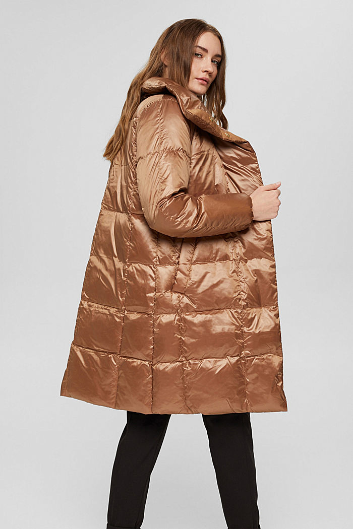Made of recycled material: Quilted coat with down filling, CARAMEL, overview