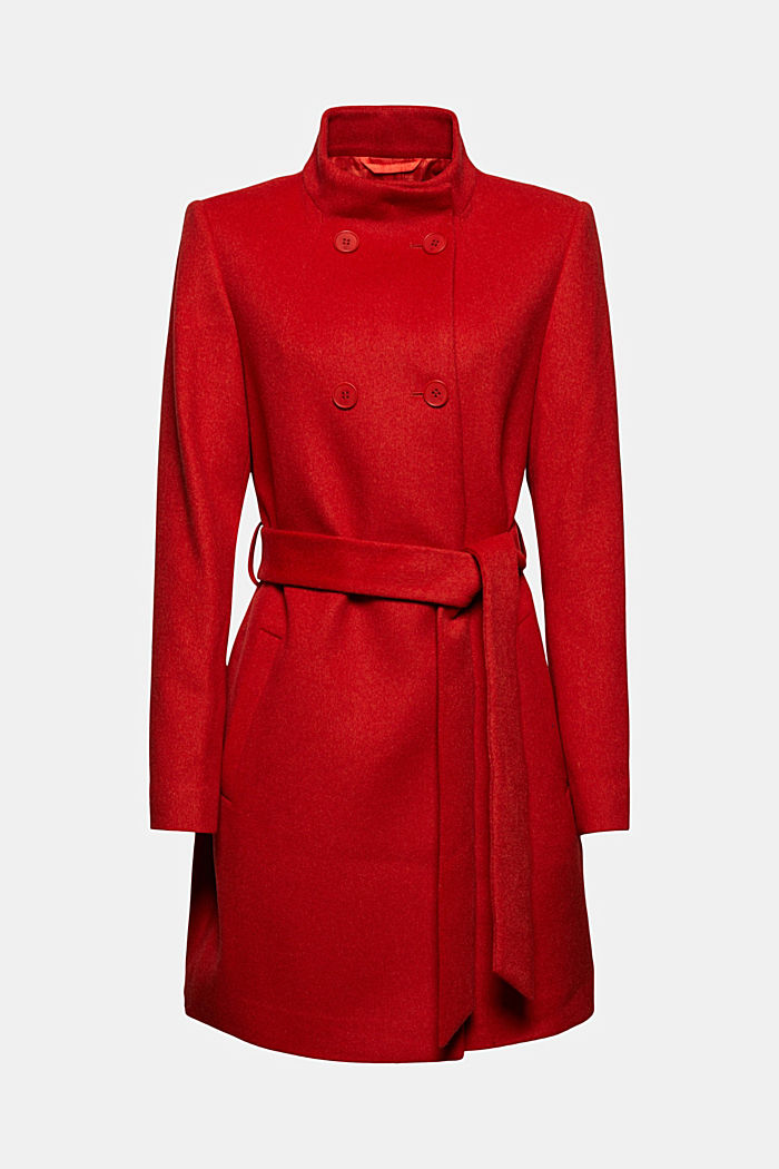 Reciclado: Abrigo en mezcla de lana con cinturón, ORANGE RED, overview