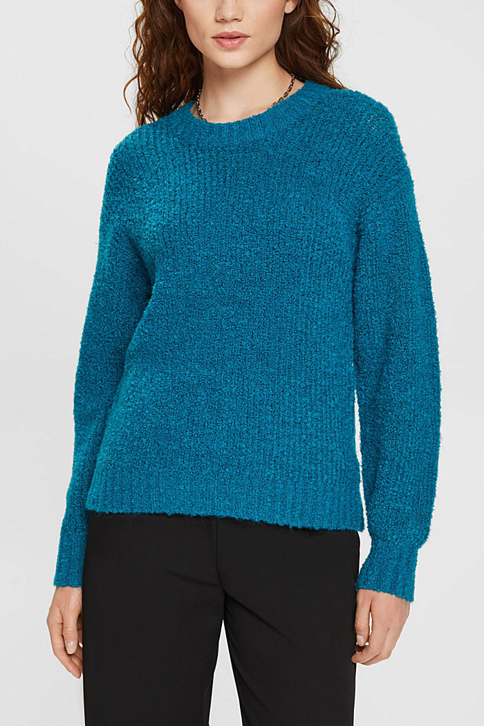 Bouclé jumper with wool and alpaca, TEAL BLUE, detail-asia image number 0