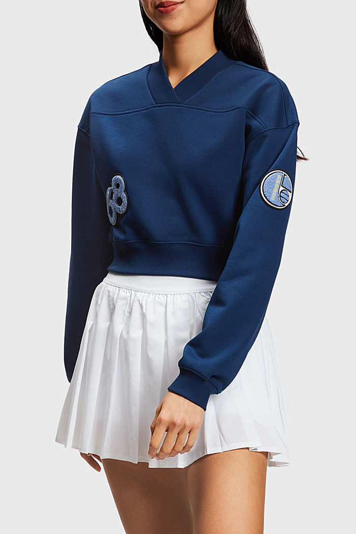 短款Varsity學院風補丁裝飾衛衣, 深藍色, detail-asia image number 0