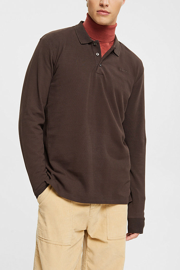 Long sleeve piqué polo shirt, DARK BROWN, detail-asia image number 0