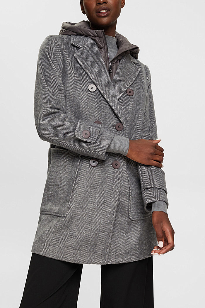 Wool blend coat with detachable hood, GUNMETAL, detail-asia image number 0