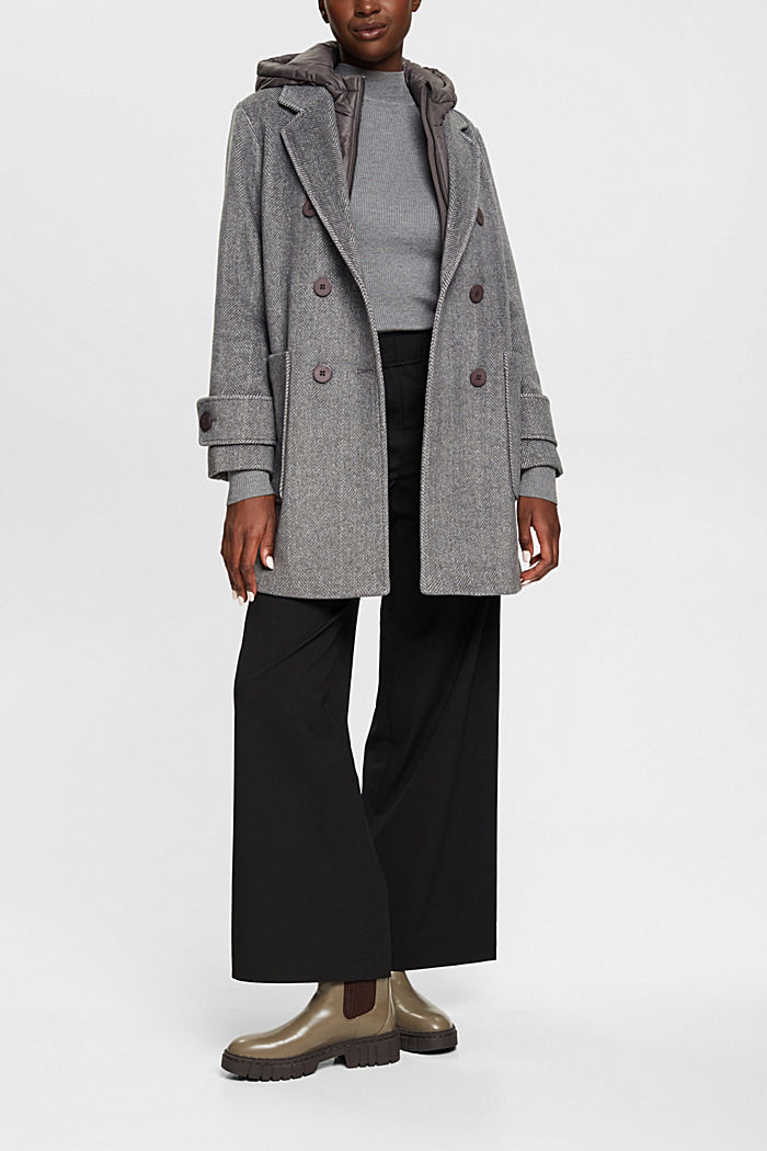 Wool blend coat with detachable hood, GUNMETAL, detail-asia image number 1