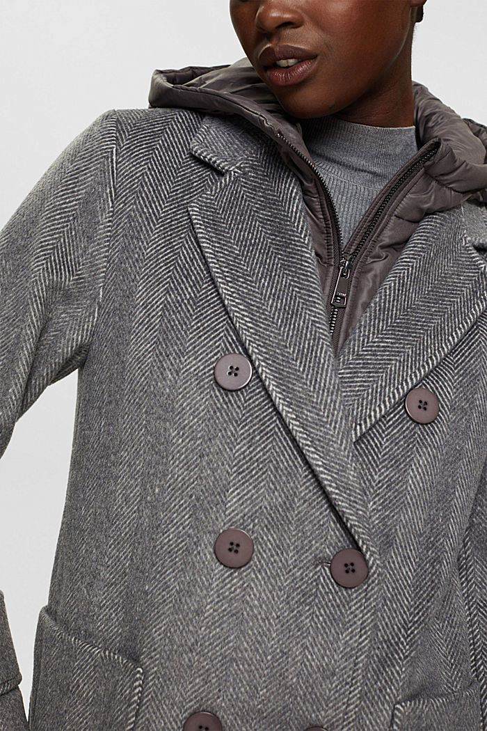 Wool blend coat with detachable hood, GUNMETAL, detail-asia image number 2