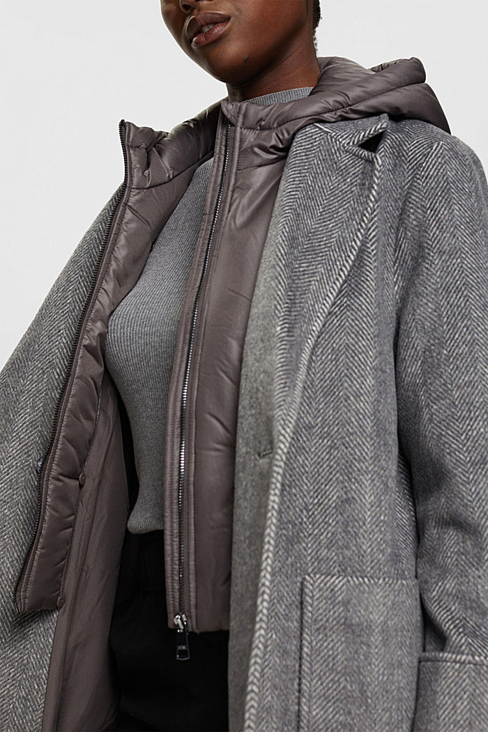 Wool blend coat with detachable hood, GUNMETAL, detail-asia image number 4