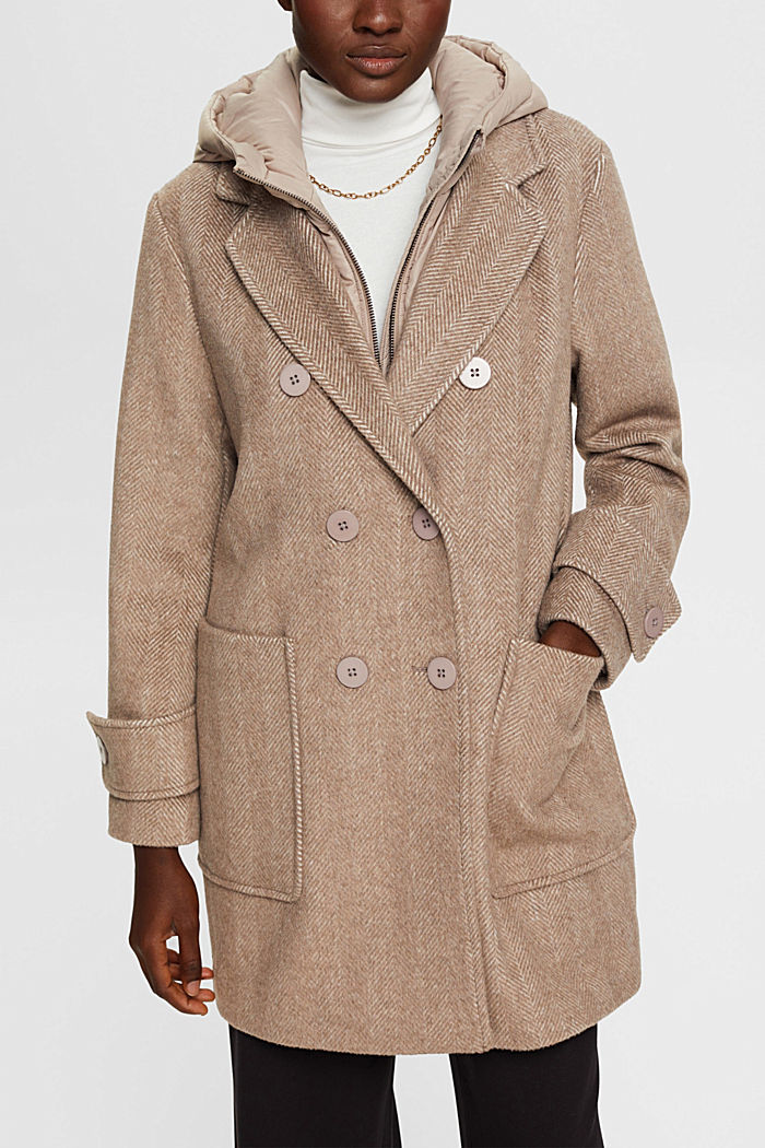 Wool blend coat with detachable hood, LIGHT TAUPE, detail-asia image number 0